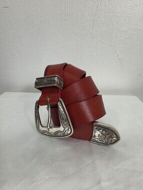 Vintage Red Western Leather Belt with Engraved Silver Buckle